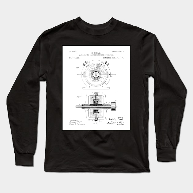 Tesla Generator Patent - Electrician Maker Workshop Art - White Long Sleeve T-Shirt by patentpress